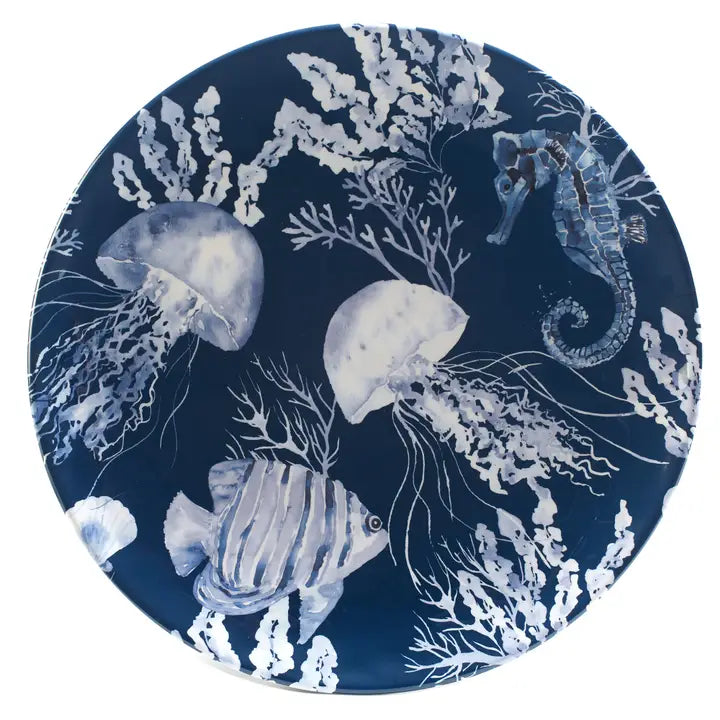 under the sea round platter - navy blue with light blue & white sea life design - jellyfish, coral reef, seahorse & fish - coastal compass home decor