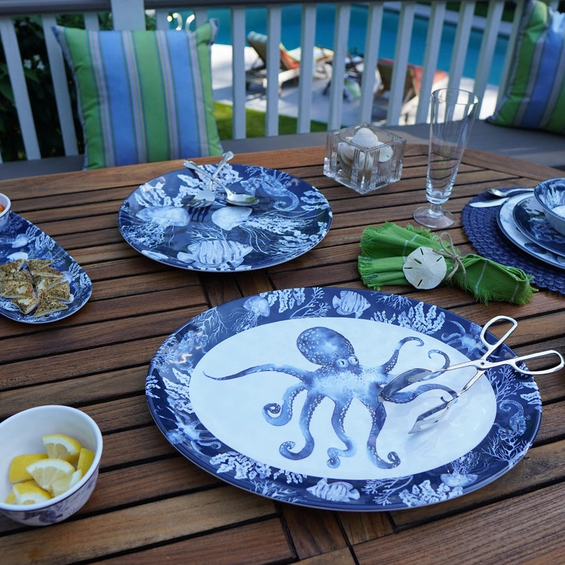 Under the sea platters - oval platter - round platter - sea life design  navy blue, light blue & white - coastal compass home decor