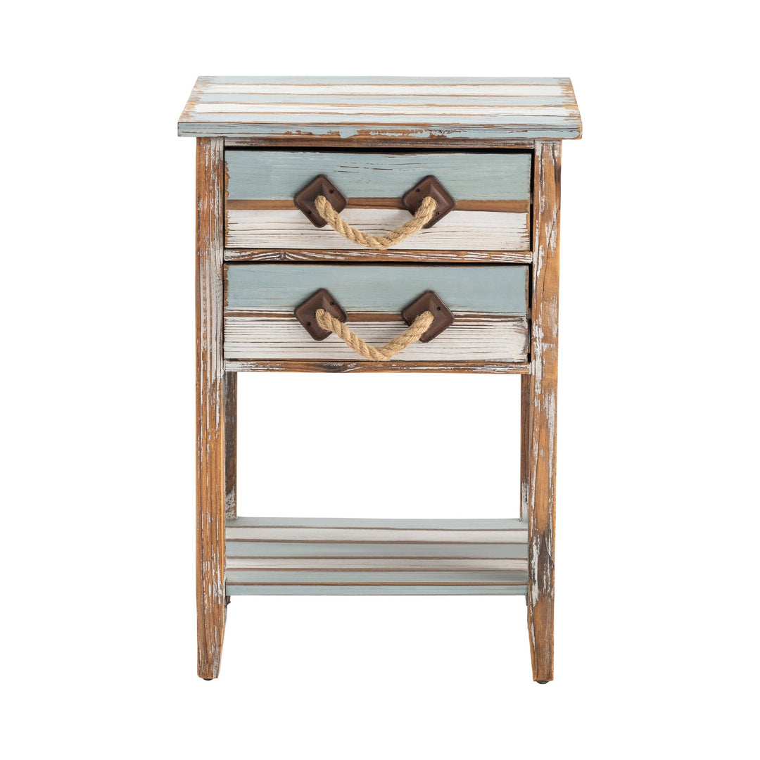Venice Distressed 2 Drawer Wood Accent Table - Blue & White Striped - Rope Drawer Pulls - Coastal Compass Home Decor