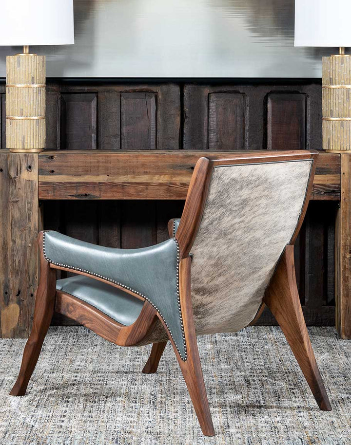 Walnut Sky Leather Accent Chair - Black Walnut Wood Frame - Deal Teal Blue Leather - Tack Upholstery - Grey & White Cowhide Back - Coastal Compass Home Decor