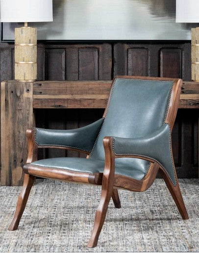 Walnut Sky Leather Accent Chair - Black Walnut Wood Frame - Deal Teal Blue Leather - Tack Upholstery - Grey & White Cowhide Back - Coastal Compass Home Decor