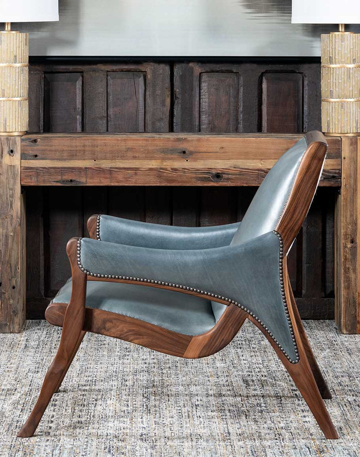 Walnut Sky Leather Accent Chair - Black Walnut Wood Frame - Deal Teal Blue Leather - Tack Upholstery - Grey & White Cowhide Back - Coastal Compass Home Decor