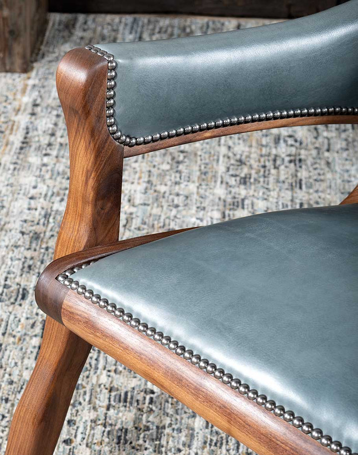 Walnut Sky Leather Accent Chair - Black Walnut Wood Frame - Deal Teal Blue Leather - Tack Upholstery - Grey & White Cowhide Back - Coastal Compass Home Decor