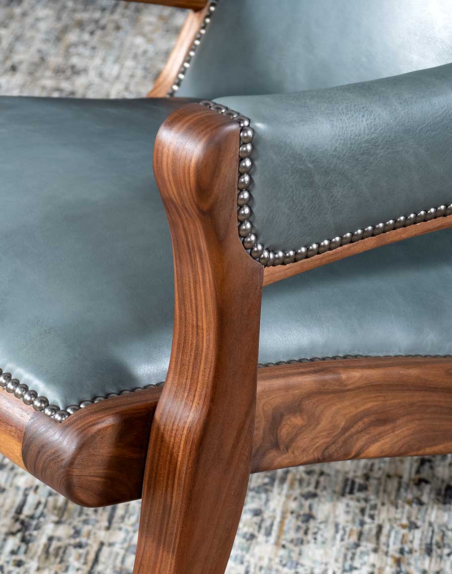 Walnut Sky Leather Accent Chair - Black Walnut Wood Frame - Deal Teal Blue Leather - Tack Upholstery - Grey & White Cowhide Back - Coastal Compass Home Decor