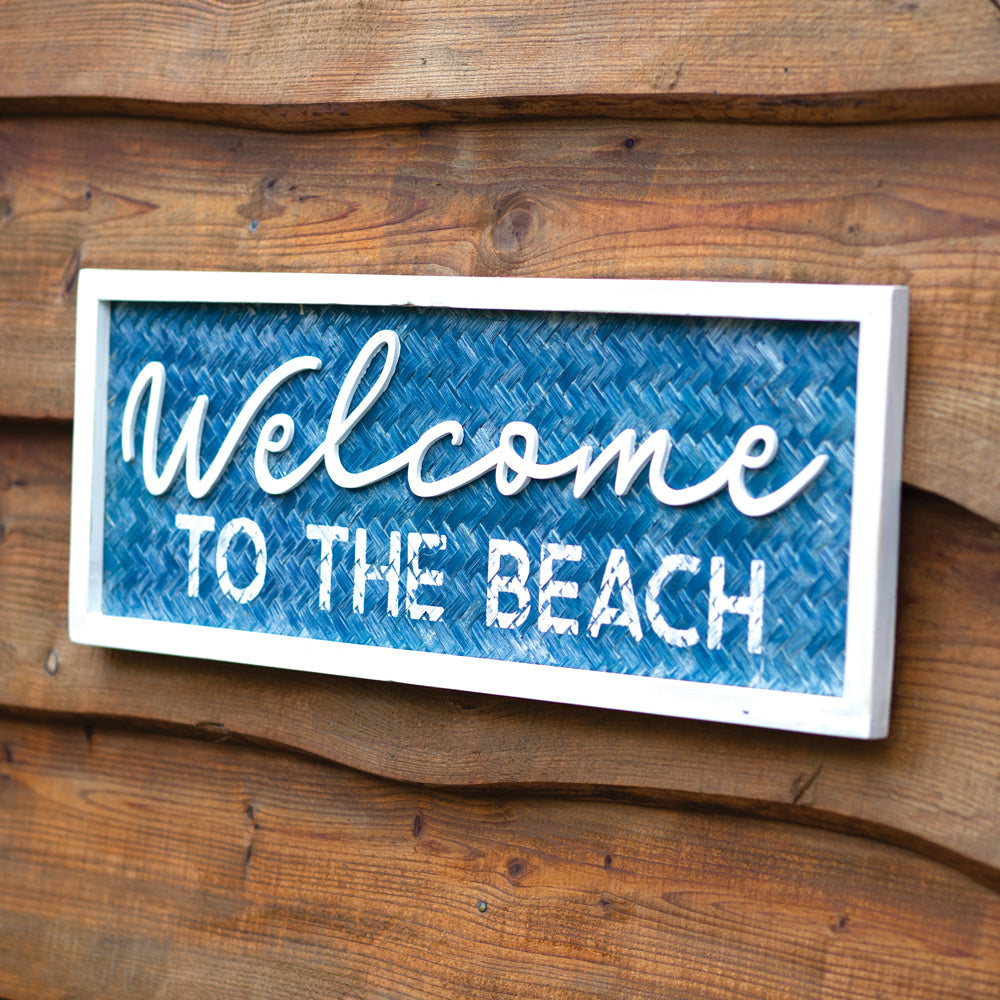 Welcome To The Beach Sign | Blue & White | Wood & MDF | Coastal Compass Home Decor