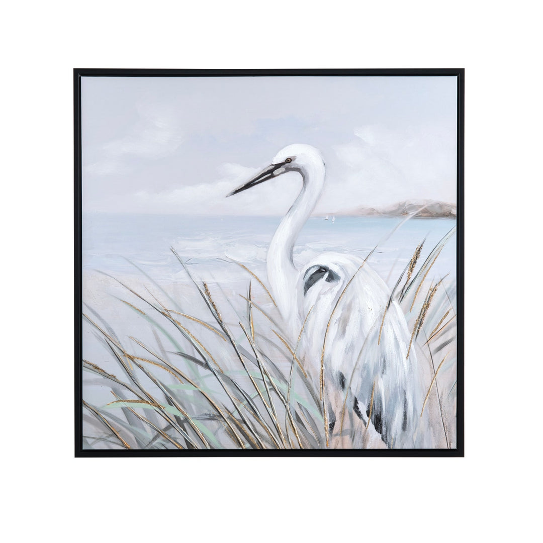 White Heron Canvas Painting - Square Artwork - Ocean Background - Coastal Compass Home Decor