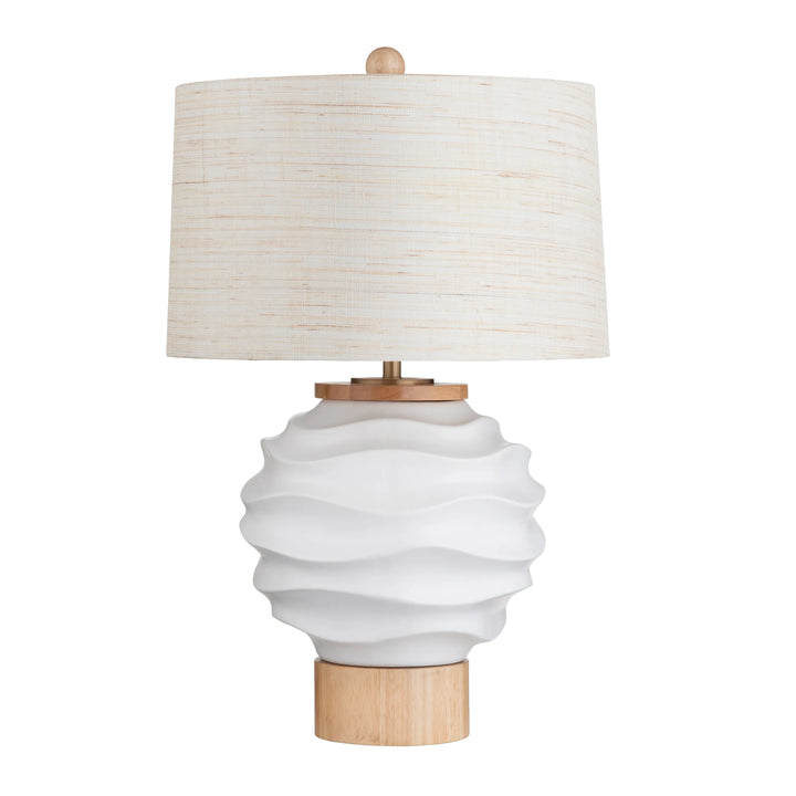 White Waves Table Lamp - Round White wave texture base - Wood Stand - Linen Shade - Brass Accent - Coastal Compass Home Decor