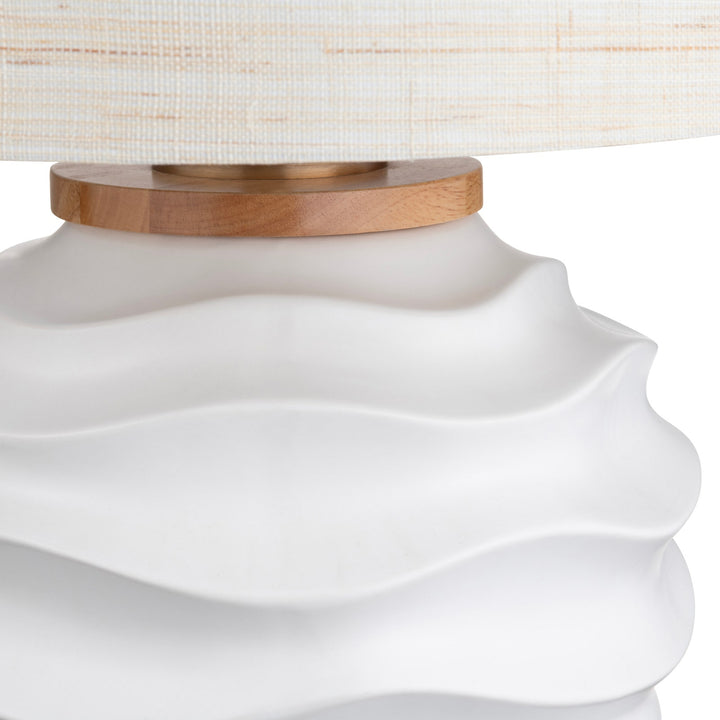 White Waves Table Lamp - Round White wave texture base - Wood Stand - Linen Shade - Brass Accent - Coastal Compass Home Decor