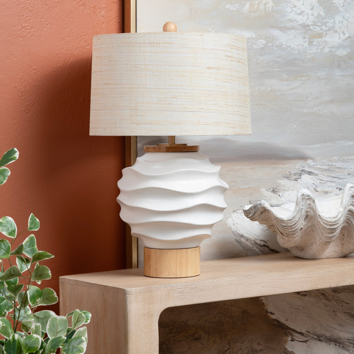 White Waves Table Lamp - Round White wave texture base - Wood Stand - Linen Shade - Brass Accent - Coastal Compass Home Decor