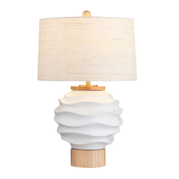 White Waves Table Lamp - Round White wave texture base - Wood Stand - Linen Shade - Brass Accent - Coastal Compass Home Decor