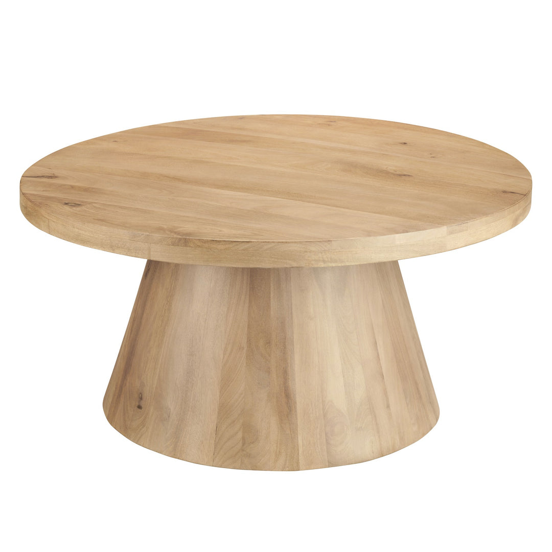 A round wooden coffee table with a natural light oak finish, featuring a tapered pedestal base and visible wood grain, set against a plain white background.