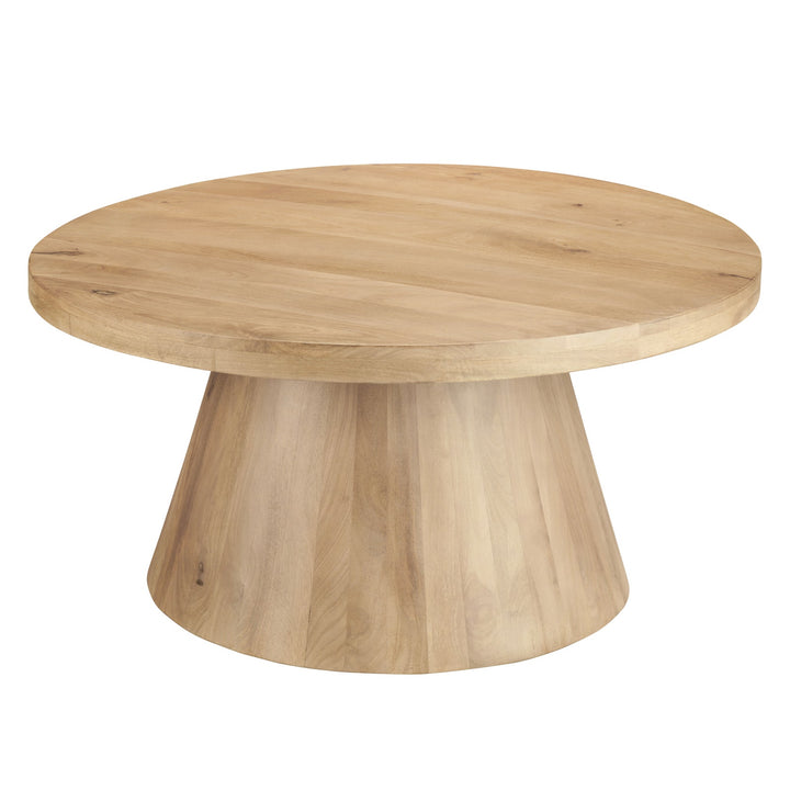 A round wooden coffee table with a natural light oak finish, featuring a tapered pedestal base and visible wood grain, set against a plain white background.