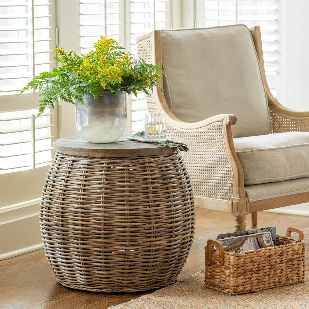 Wood Top Rattan Side Table