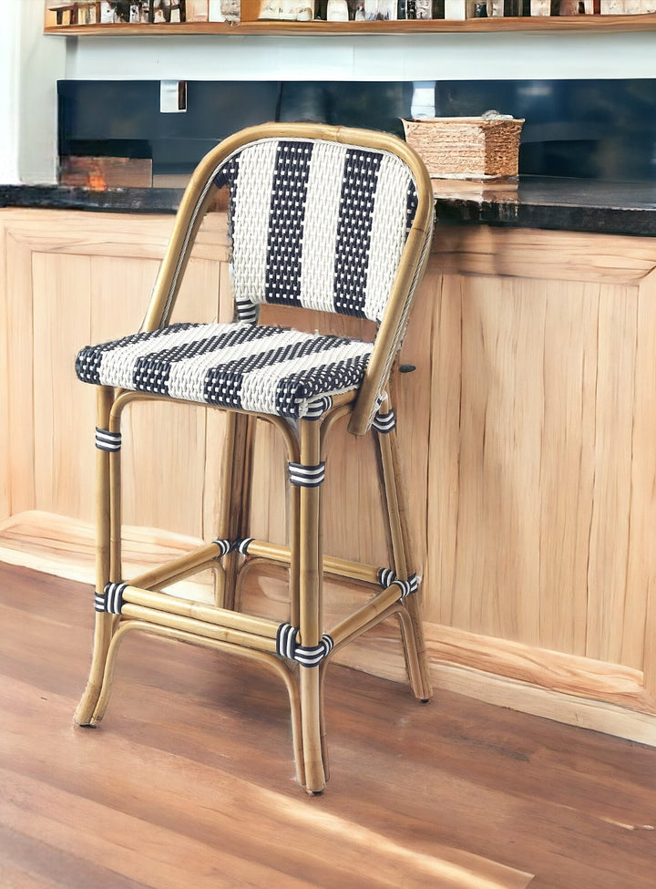 Blue and white rattan armless bar stool with back - Coastal Compass Home Decor