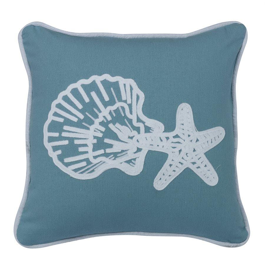 Catalina Aqua Linen Throw Pillow w/ Star & Shell Embroidery - Coastal Compass Home Decor