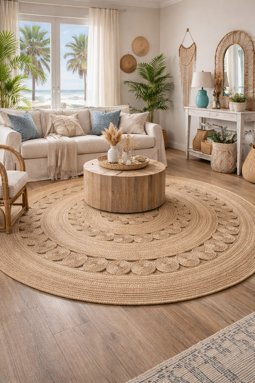 Living room with a round jute rug, wooden coffee table, and decorative pillows.