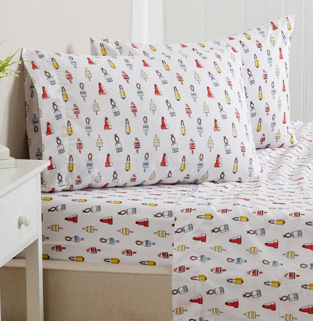 Bedding set with colorful buoy pattern on a white background