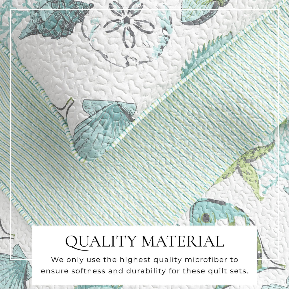 Quilt set with fish and shell patterns on a white background, featuring text about quality material. Coastal Compass Home Decor