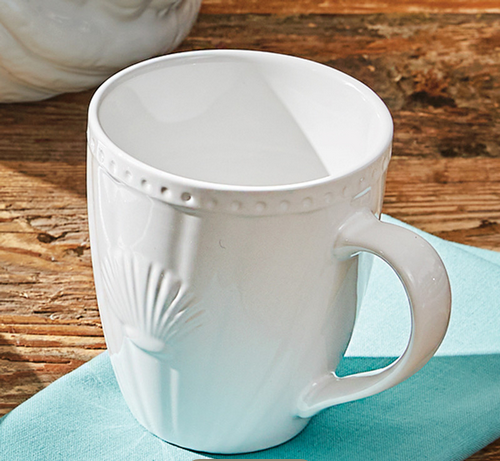 White mug with embossed seashell - The Coastal Compass Home Decor