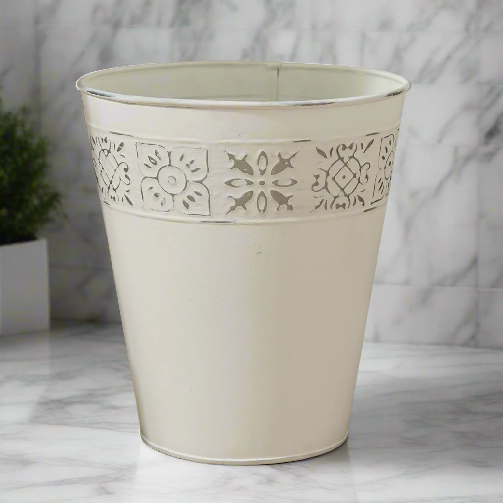 Coastal tile distressed white metal bathroom trash can - The Coastal Compass Home Decor