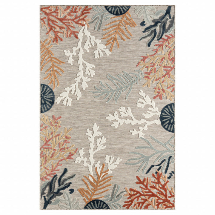 Coastal Coral Indoor/Outdoor Area Rug - orange, white, blue & mint coral reefs on a grey background - Coastal Compass Home Decor