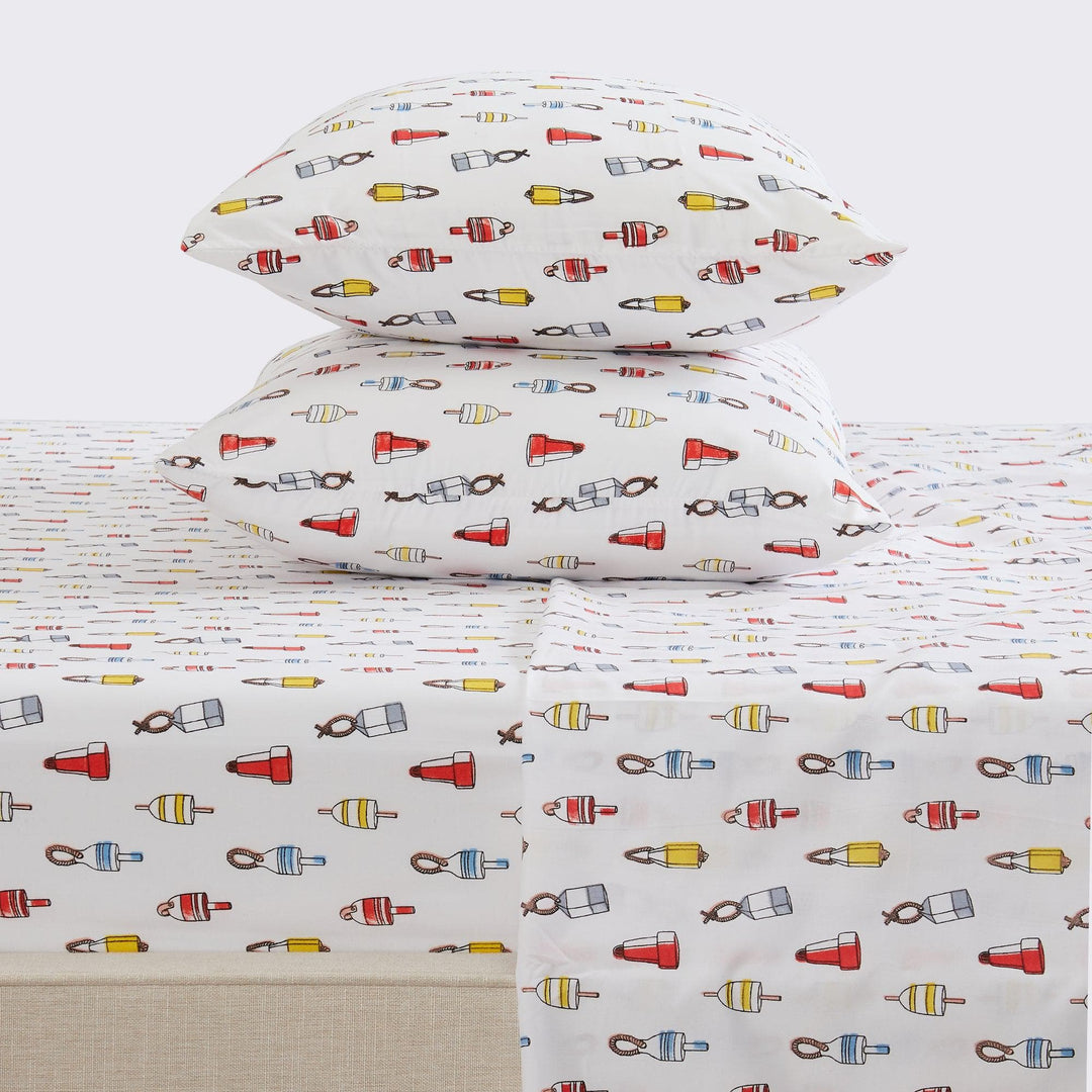 Bedding set with colorful buoy pattern on a white background