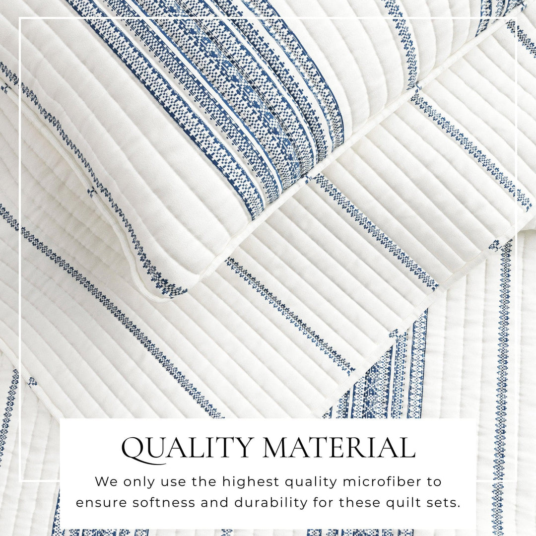 Textured fabric with blue and white pattern and promotional text about quality material.