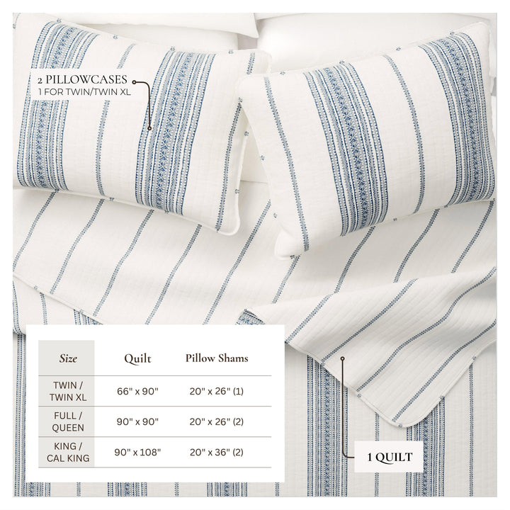 Striped quilt and pillowcases with size chart on a white background. Coastal Compass Home Decor