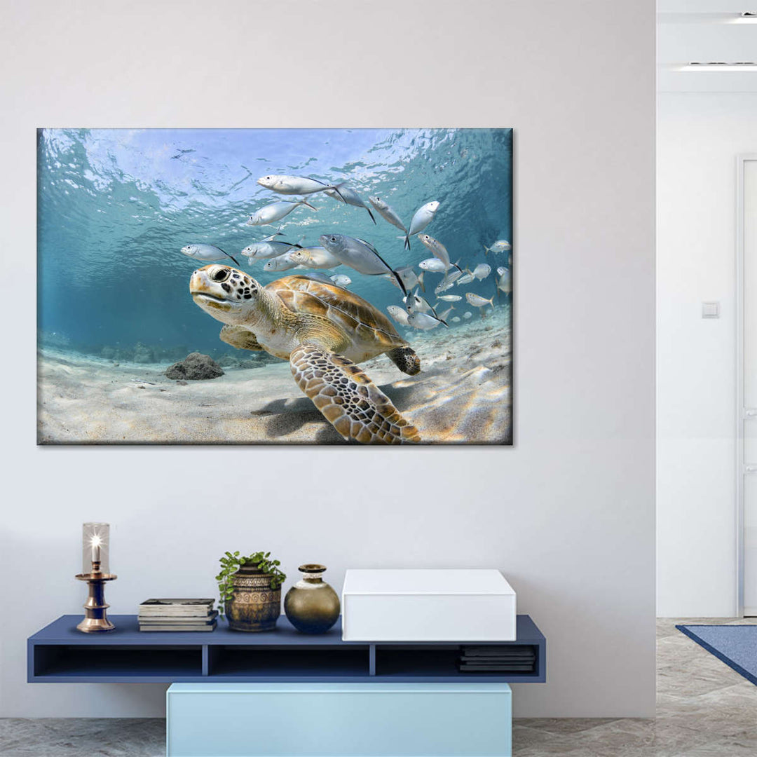 Curacao Fish And Turtle Wall Art - Turtle & Fish Under the sea - Vibrant colors - Canvas art - One Piece canvas - Coastal Compass Home Decor