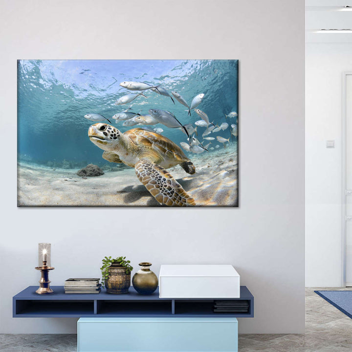 Curacao Fish And Turtle Wall Art - Turtle & Fish Under the sea - Vibrant colors - Canvas art - One Piece canvas - Coastal Compass Home Decor
