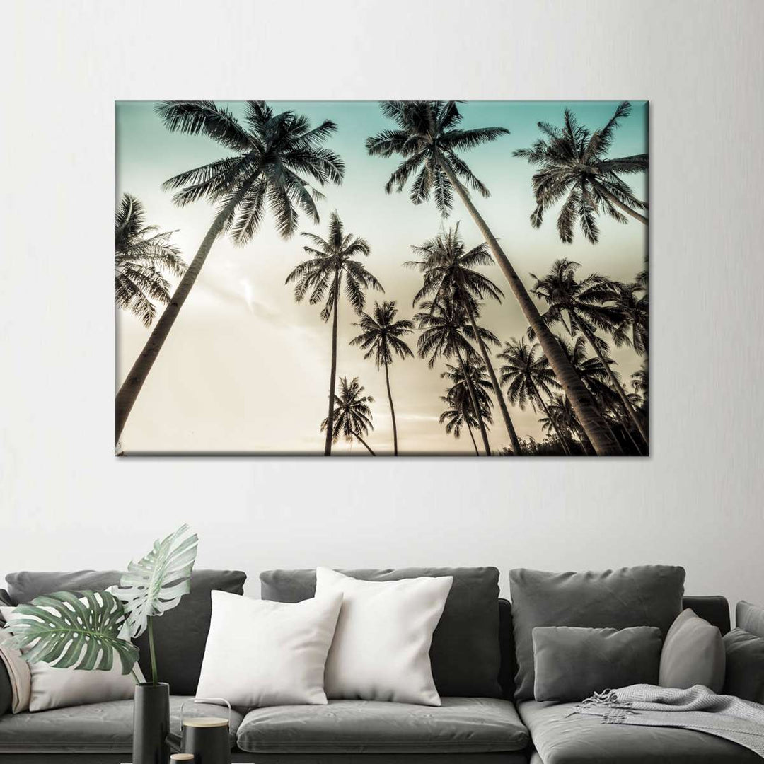 Dawning Above Palm Trees Wall Art - Single Canvas - Large - Palm Trees with Tan & Blue Sky - Coastal Compass Home Decor