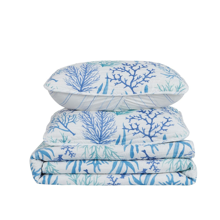 Coral Blue Reversible Quilt Set