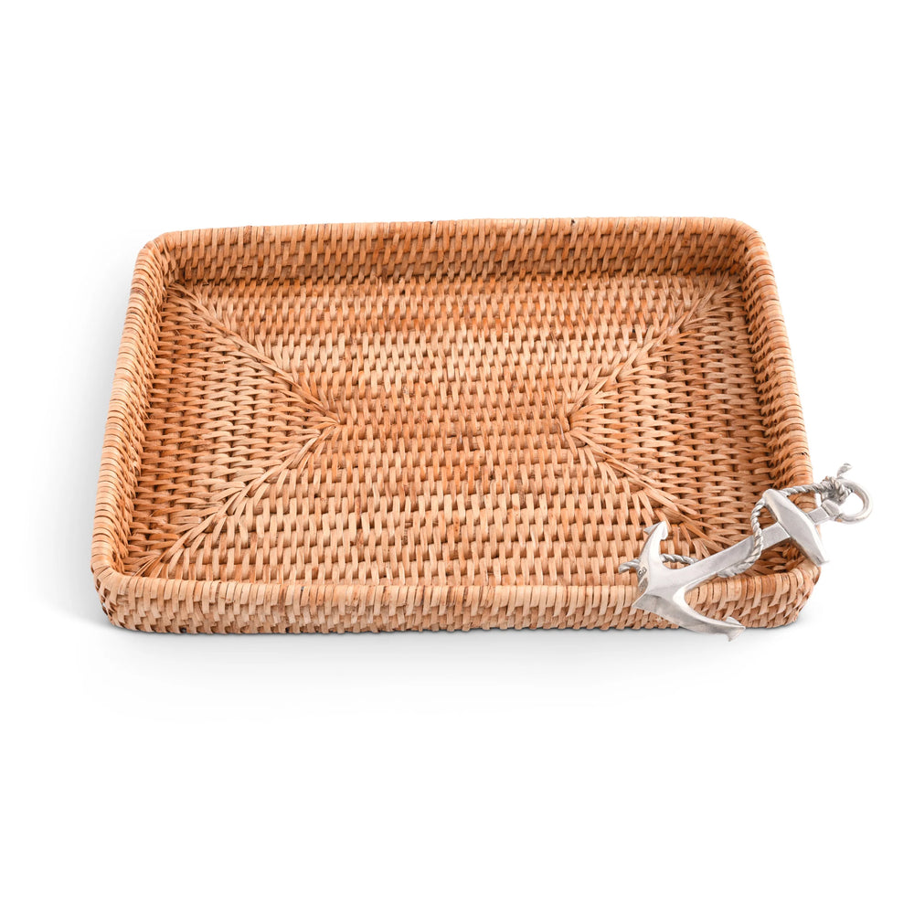 Woven Rattan Rectangle Anchor Tray - Rattan - Anchor Emblem - 12" x 9" - Coastal Compass Home Decor