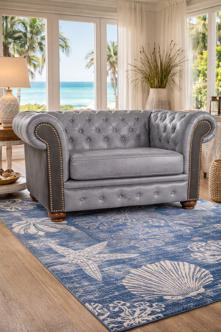 Luxury Harbor Fog Coastal tufted chesterfield oversized chair made in the USA