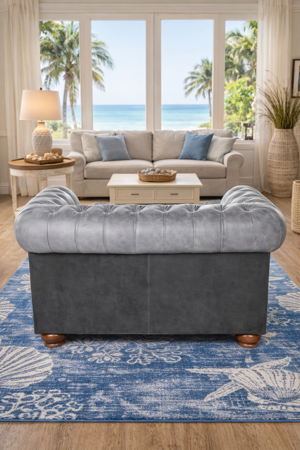 Back of harbor fog tufted leather oversized luxury chair made in America 