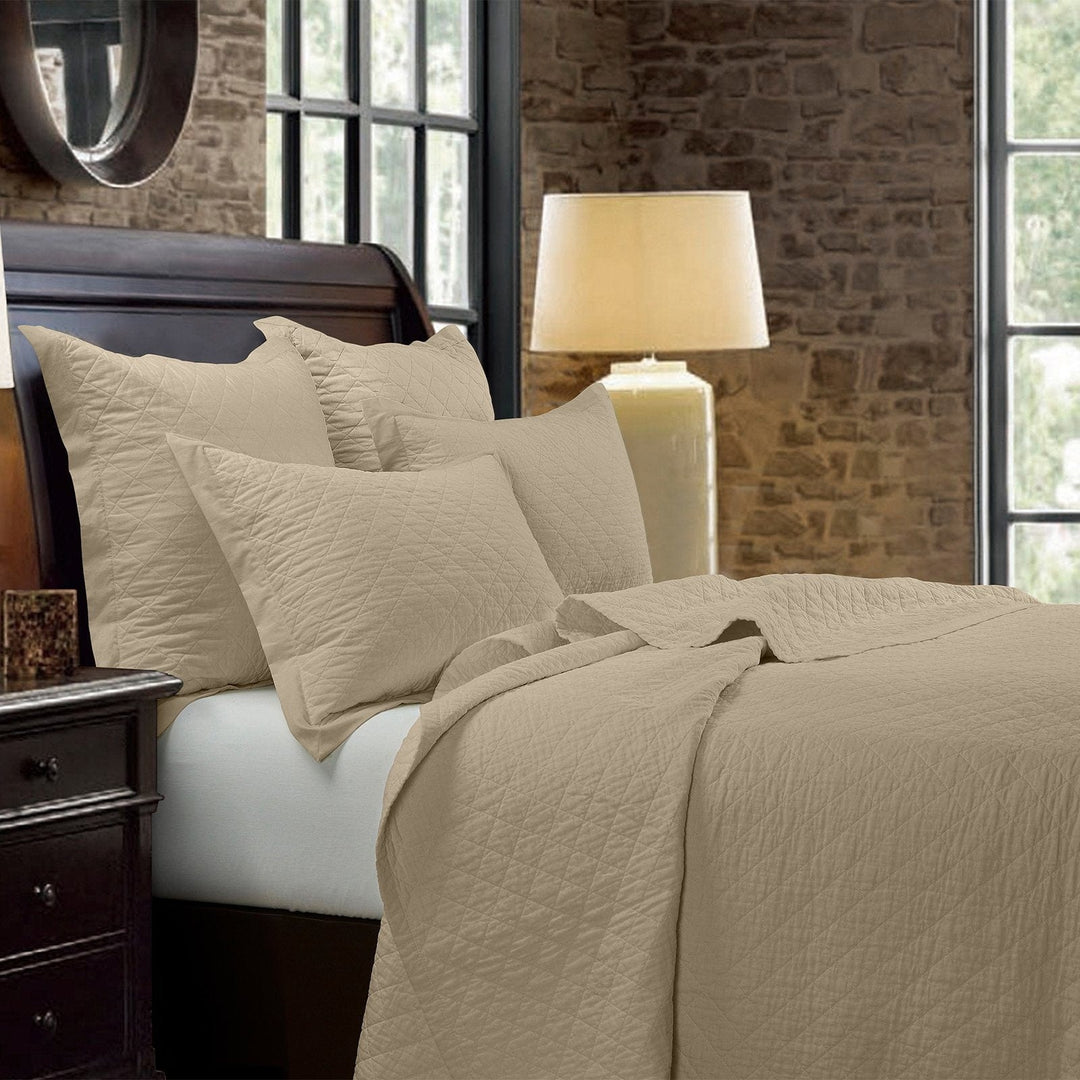 Linen Cotton Diamond Quilt Set in Light Tan color from HiEnd Accents