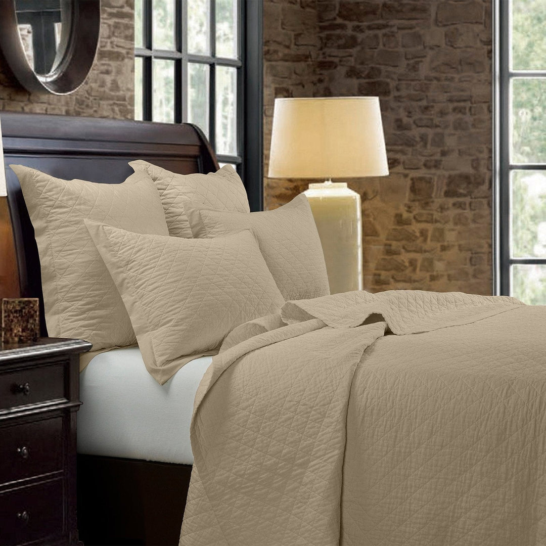 Linen Cotton Diamond Quilt Set in Light Tan color from HiEnd Accents