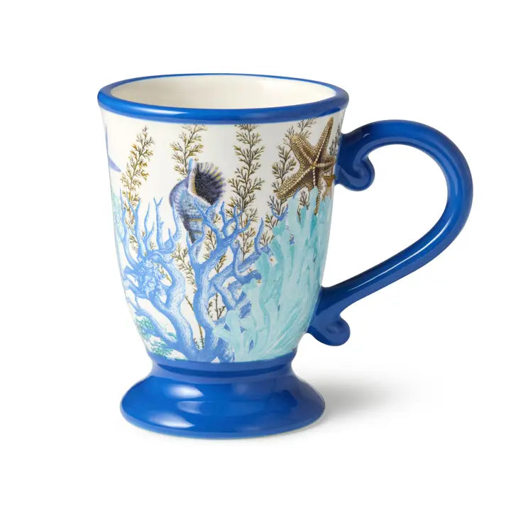 Marina Blue Mug Set - Blue Handle, rim & Base - Coral reefs, seashells & starfish design - Set of 4 - Coastal Compass Home Decor
