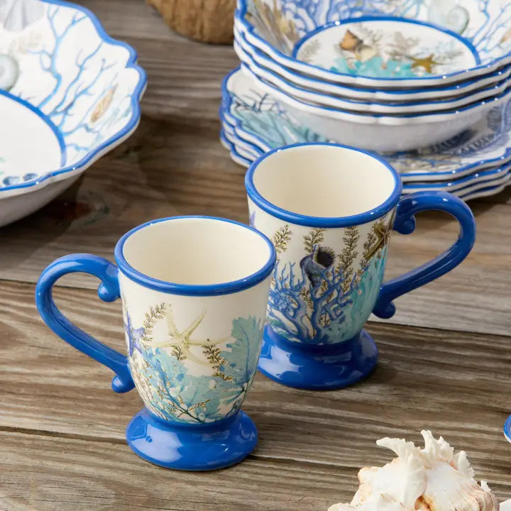 Marina Blue Mug Set - Blue Handle, rim & Base - Coral reefs, seashells & starfish design - Set of 4 - Coastal Compass Home Decor