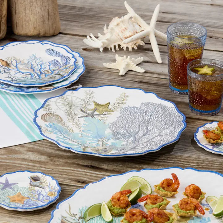 Marina Blue Round Platter - Blue scalloped edges - starfish, coral reef & seashell design - Coastal Compass Home Decor