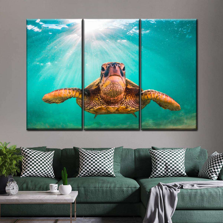 Maui Green Turtle Wall Art - Turtle Art - Under the sea - 3 Piece Canvas Large - Coastal Compass Home Decor