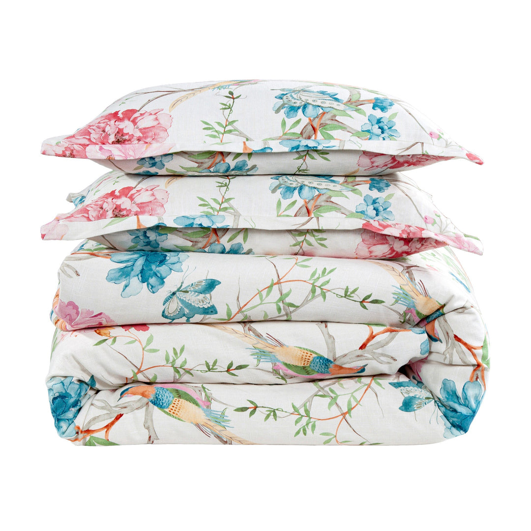 Rowan Washed Linen Bedding Set - Floral design w/ birds on branches - colorful - Coastal Compass Home Decor