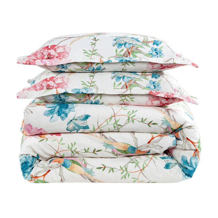 Rowan Washed Linen Bedding Set - Floral design w/ birds on branches - colorful - Coastal Compass Home Decor