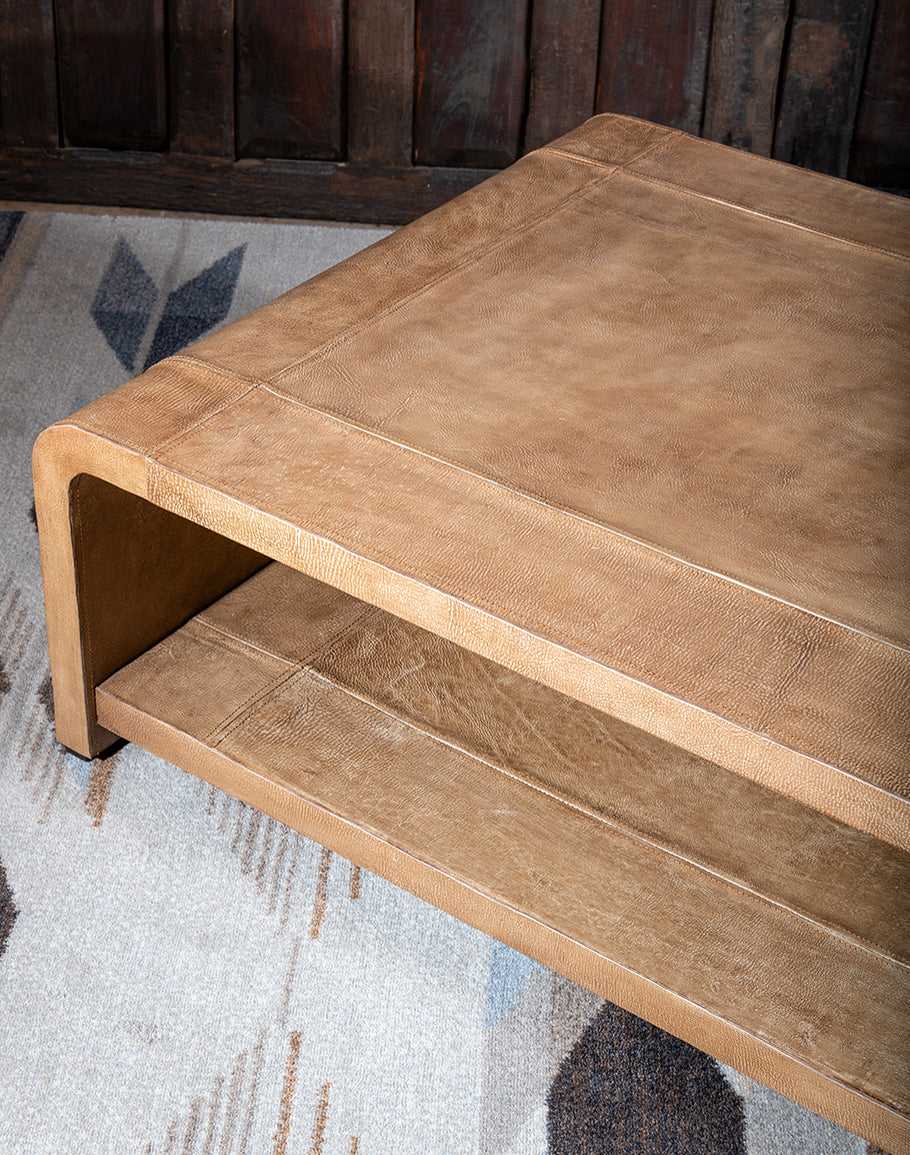 Sand Leather Coffee Table - Rectangle palomino leather wrapped table - curved edges - bottom decorative shelf - coastal compass home decor