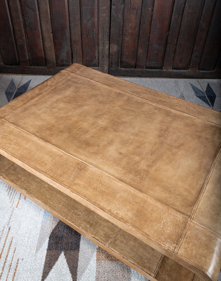 Sand Leather Coffee Table - Rectangle palomino leather wrapped table - curved edges - bottom decorative shelf - coastal compass home decor