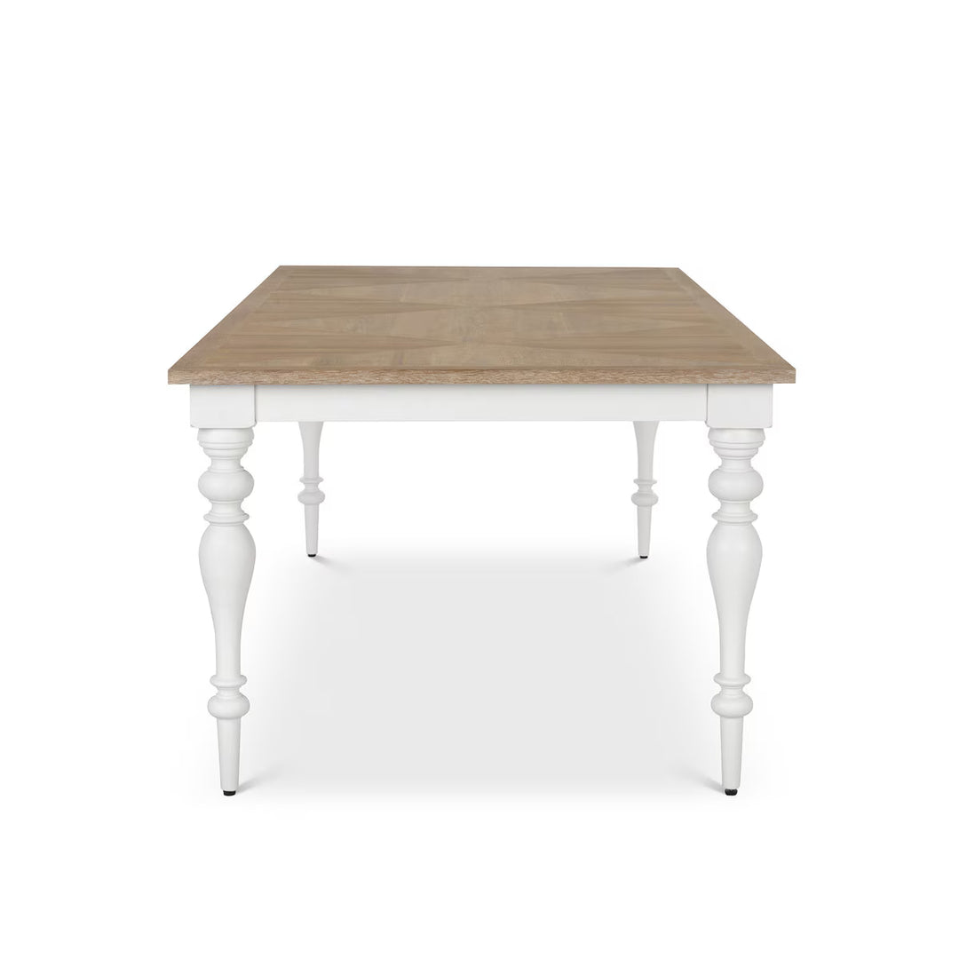 Santorini dining table with white legs and driftwood top in coastal style