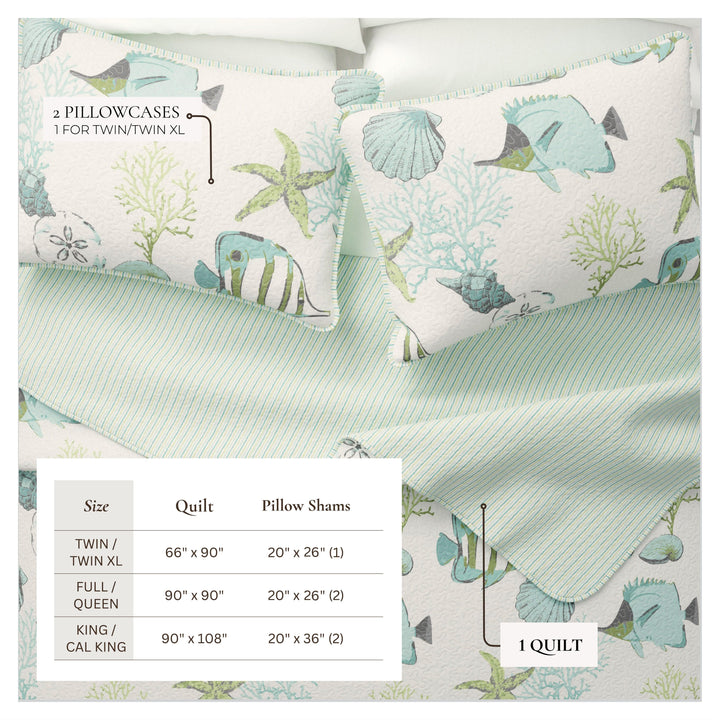 Set of pillowcases with fish and shell pattern on a green fabric background. Coastal Compass Home Decor
