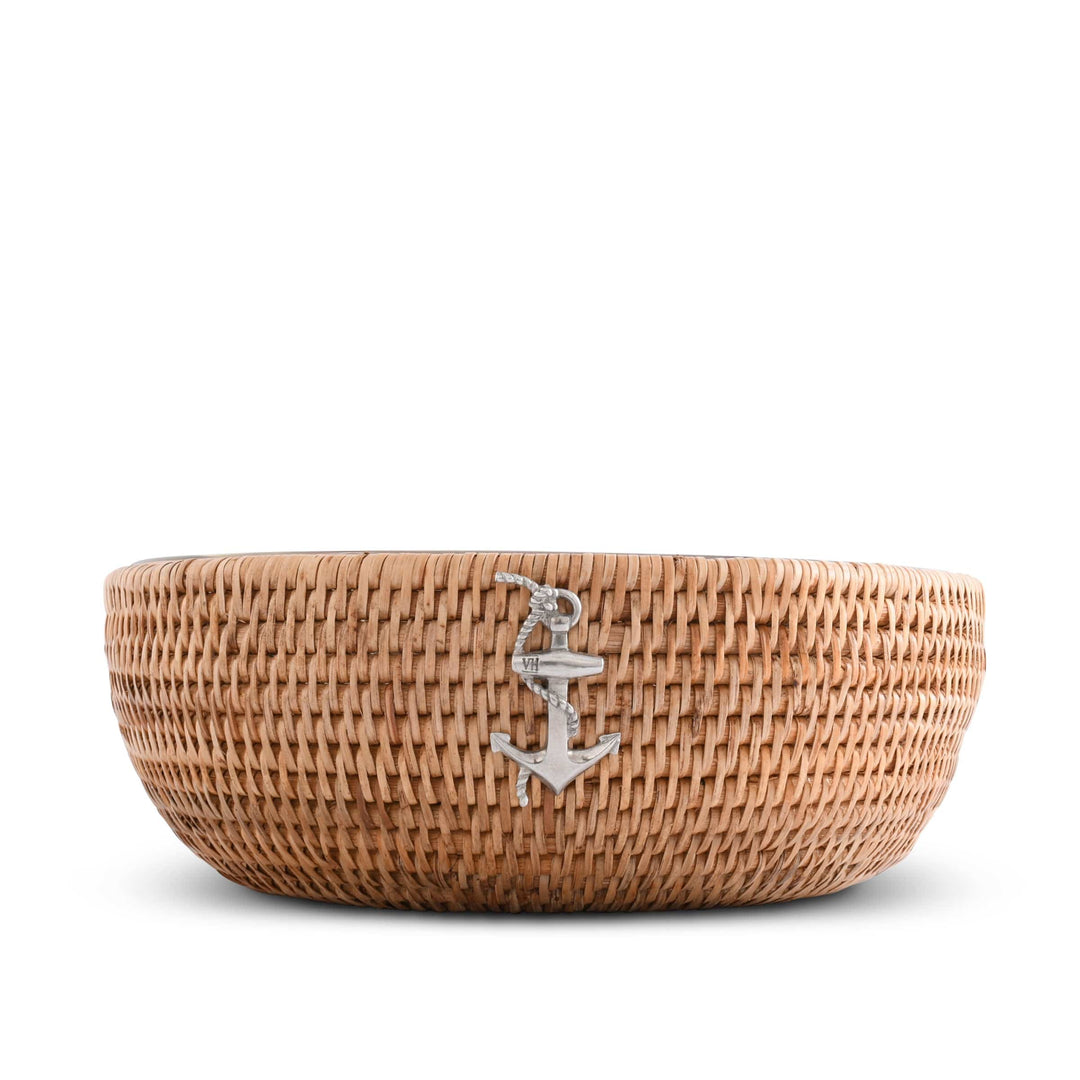 Rattan Anchor Serving Bowl  - Natural Rattan - Glass Bowl - Pewter Anchor Emblem - Coastal Compass Home decor