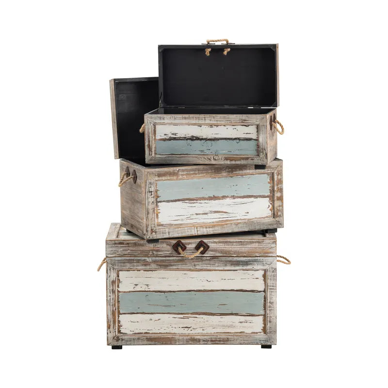 3-pc Venice Distressed Coastal Distressed  Wood Trunks - The Coastal Compass Home Decor