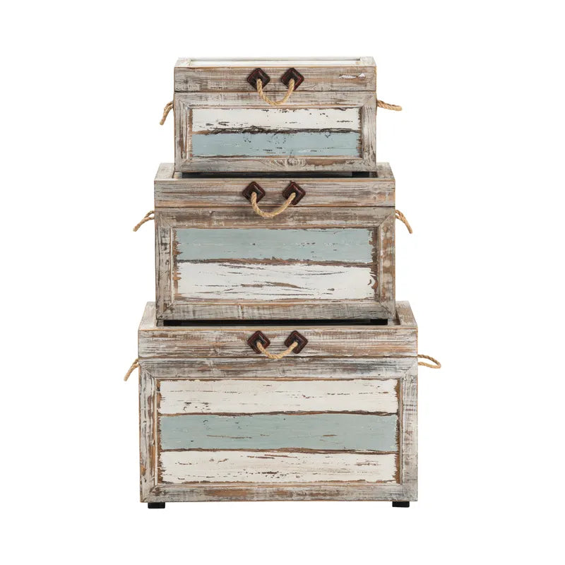 3-pc Venice Distressed Coastal Distressed  Wood Trunks - The Coastal Compass Home Decor